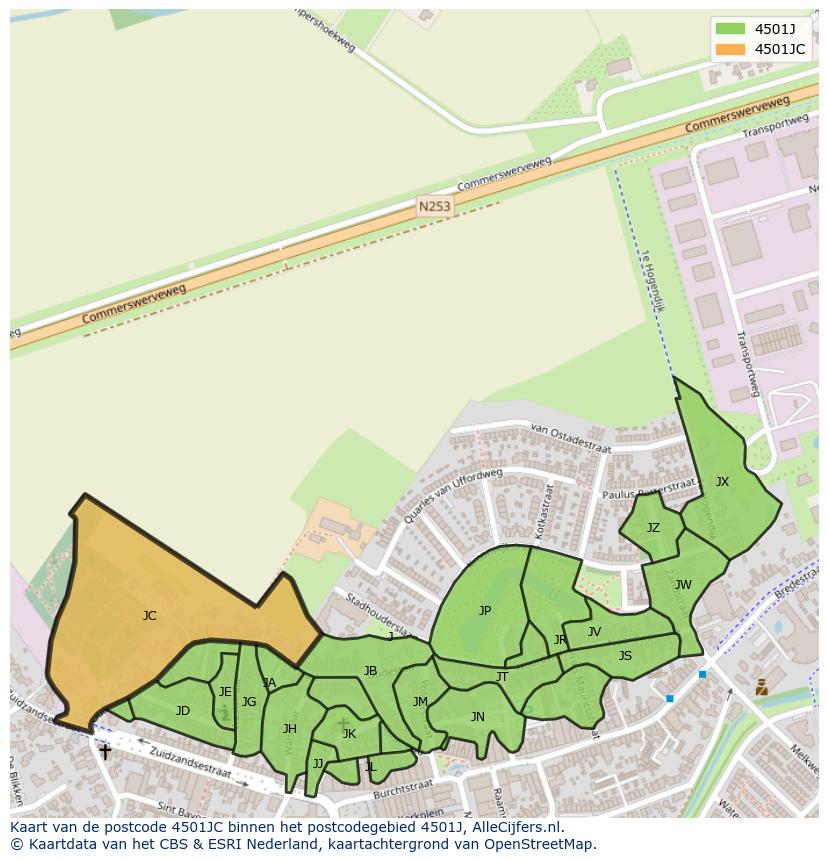 Afbeelding van het postcodegebied 4501 JC op de kaart.