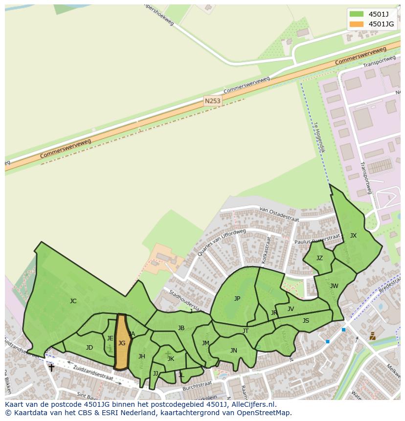 Afbeelding van het postcodegebied 4501 JG op de kaart.