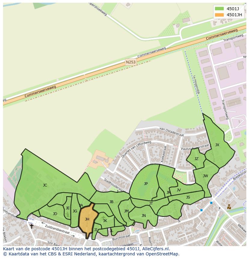 Afbeelding van het postcodegebied 4501 JH op de kaart.