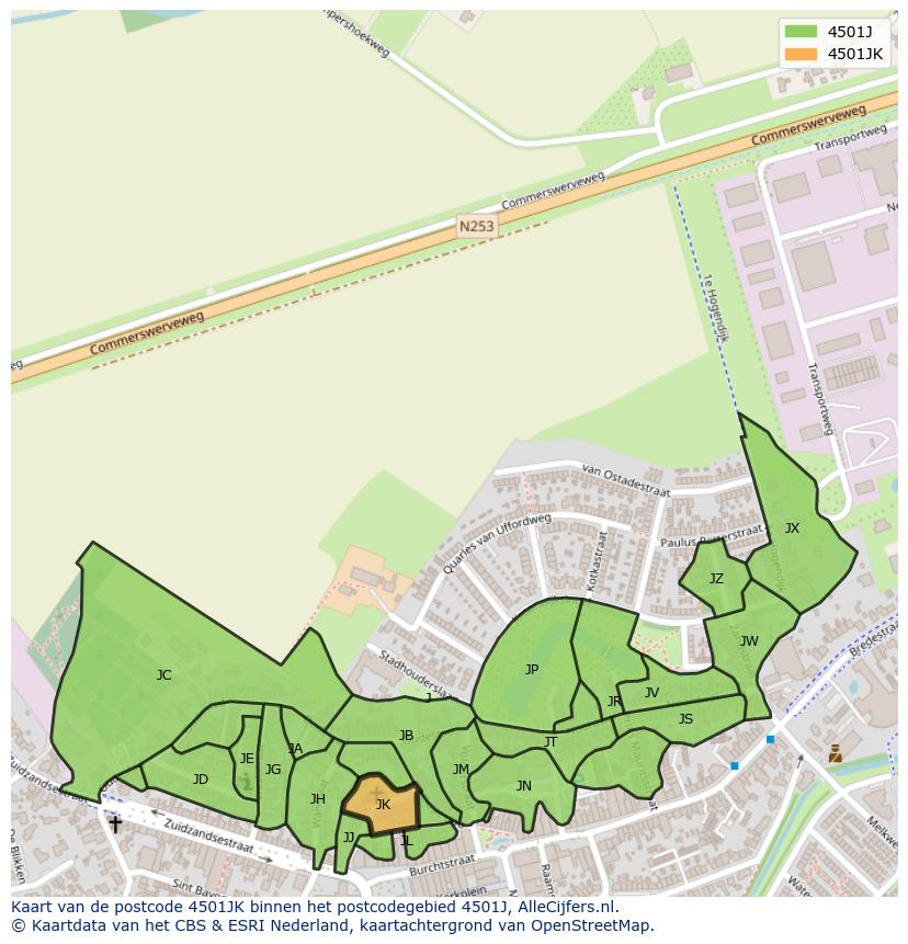 Afbeelding van het postcodegebied 4501 JK op de kaart.