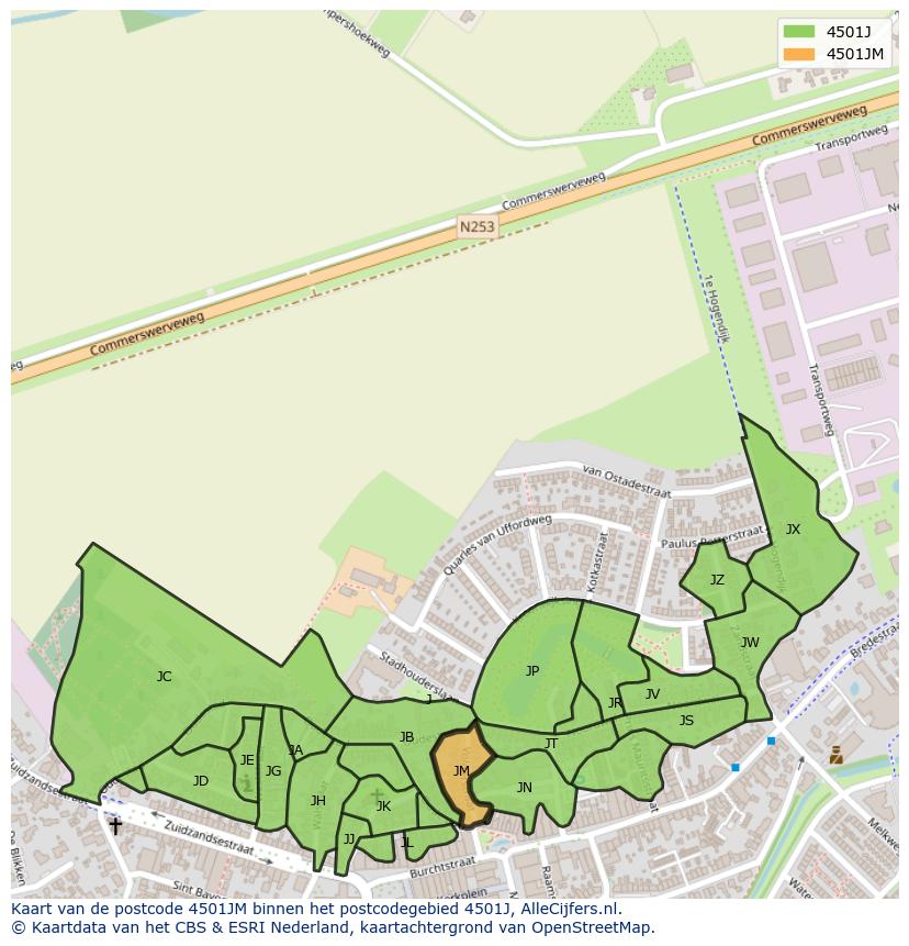 Afbeelding van het postcodegebied 4501 JM op de kaart.