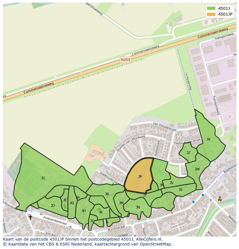 Afbeelding van het postcodegebied 4501 JP op de kaart.