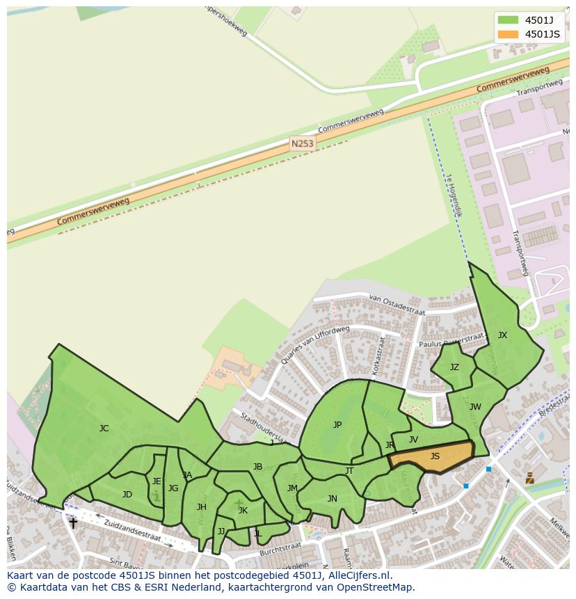 Afbeelding van het postcodegebied 4501 JS op de kaart.