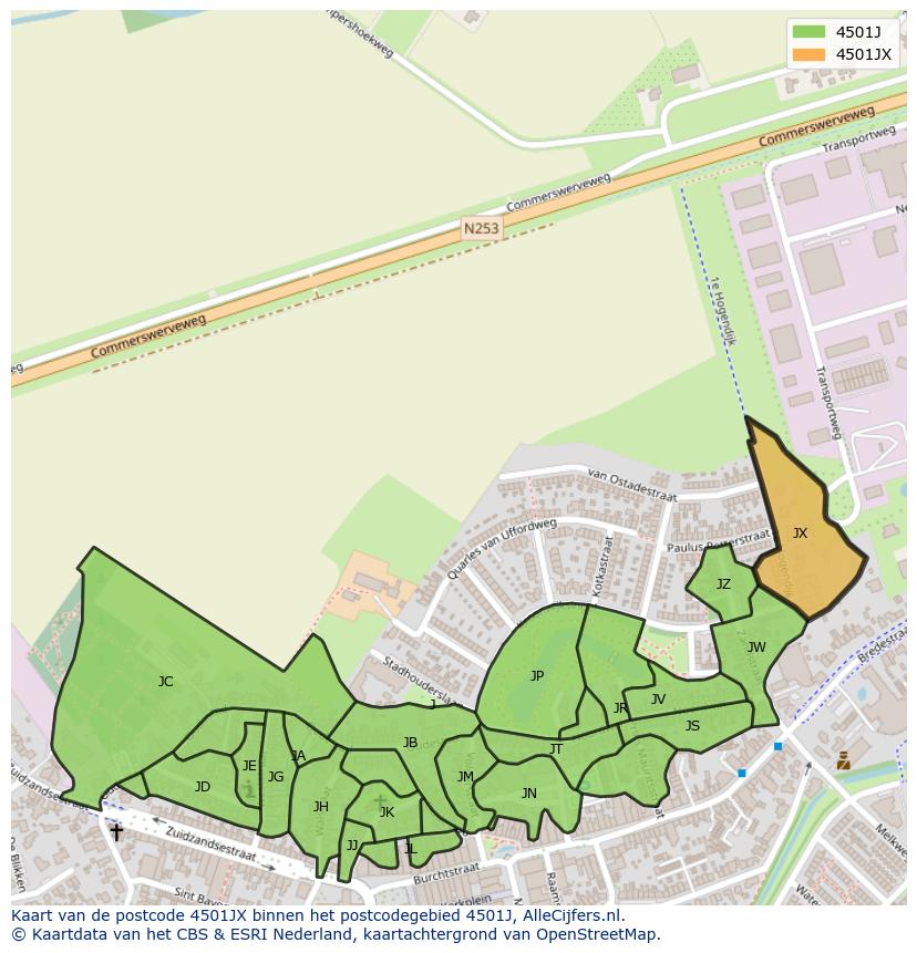 Afbeelding van het postcodegebied 4501 JX op de kaart.