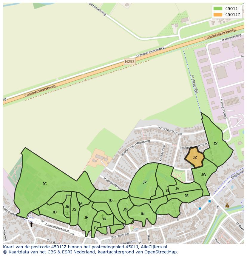 Afbeelding van het postcodegebied 4501 JZ op de kaart.