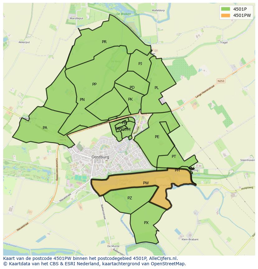 Afbeelding van het postcodegebied 4501 PW op de kaart.
