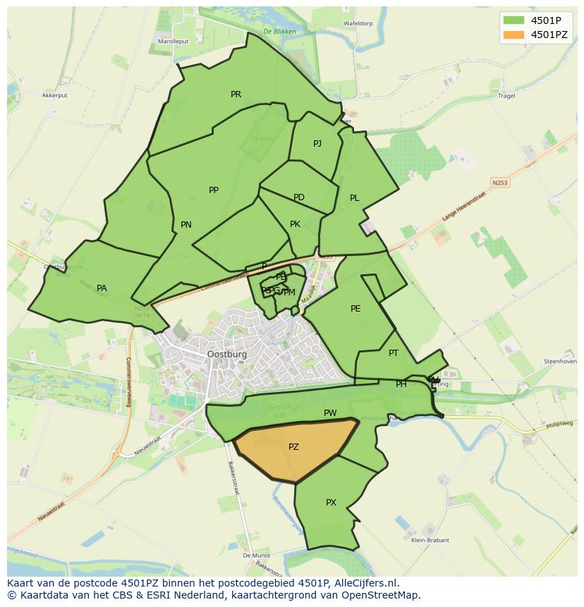 Afbeelding van het postcodegebied 4501 PZ op de kaart.