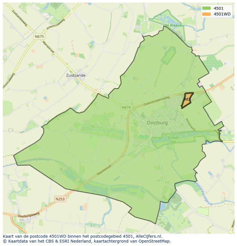 Afbeelding van het postcodegebied 4501 WD op de kaart.