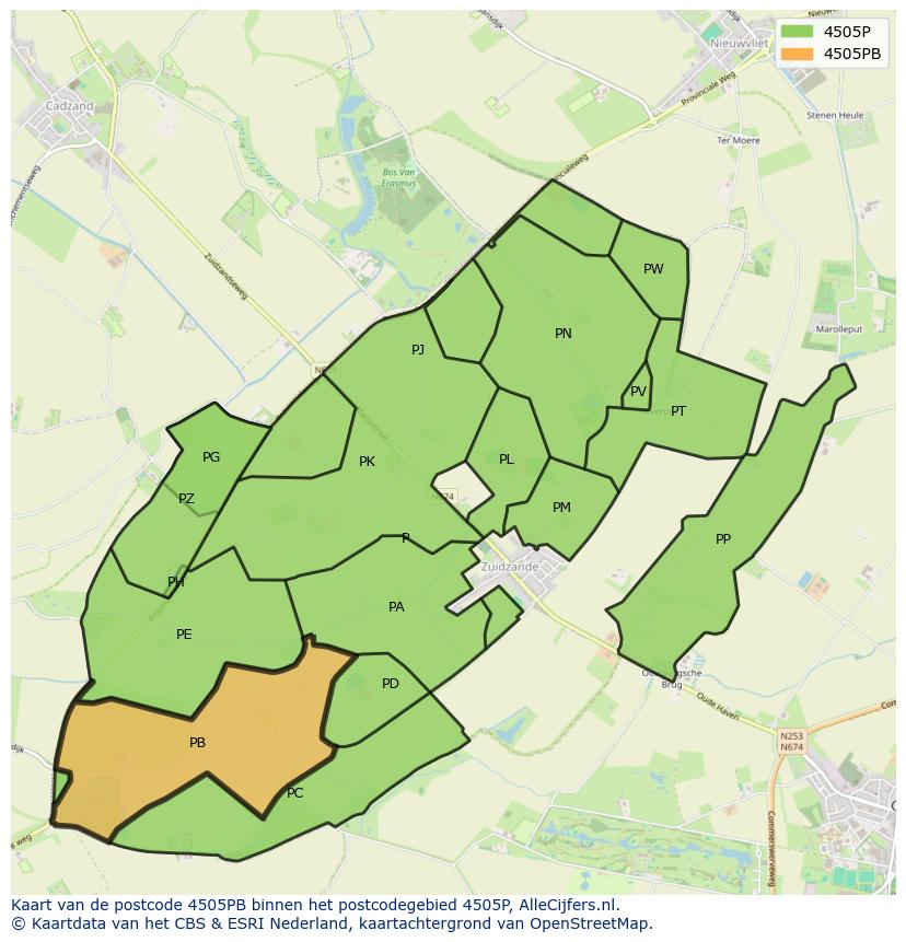 Afbeelding van het postcodegebied 4505 PB op de kaart.