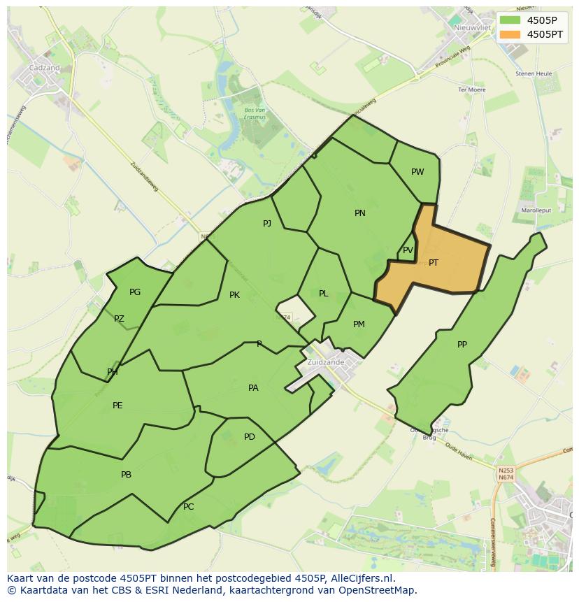 Afbeelding van het postcodegebied 4505 PT op de kaart.