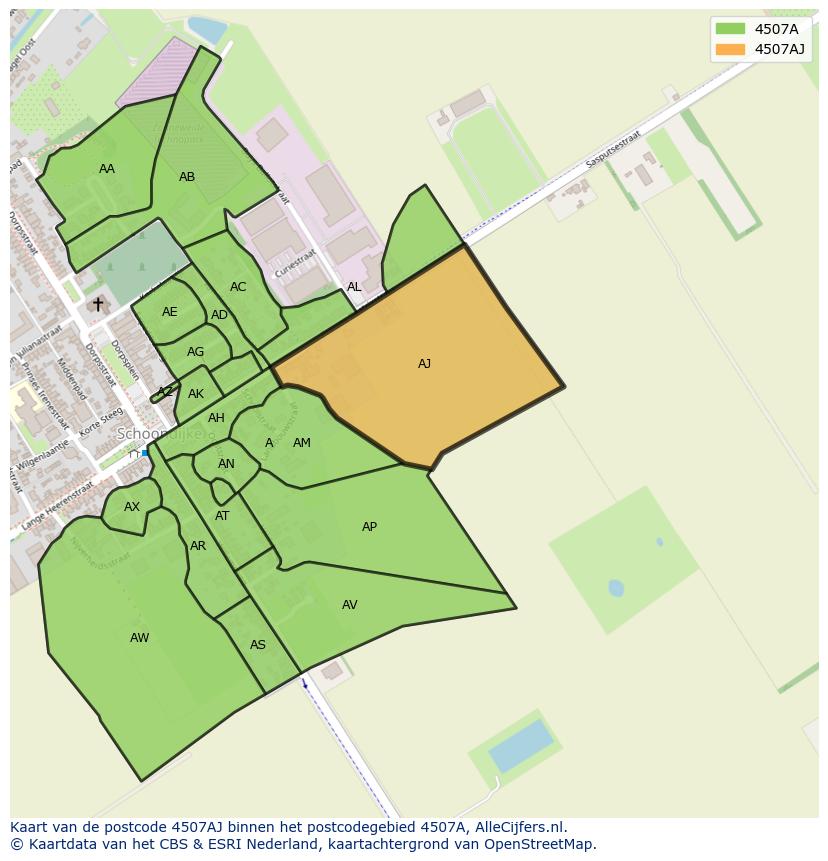 Afbeelding van het postcodegebied 4507 AJ op de kaart.