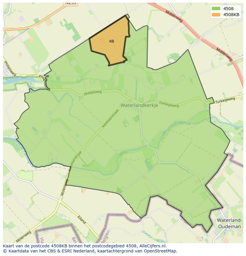 Afbeelding van het postcodegebied 4508 KB op de kaart.