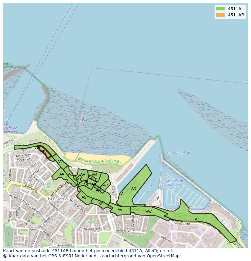 Afbeelding van het postcodegebied 4511 AB op de kaart.