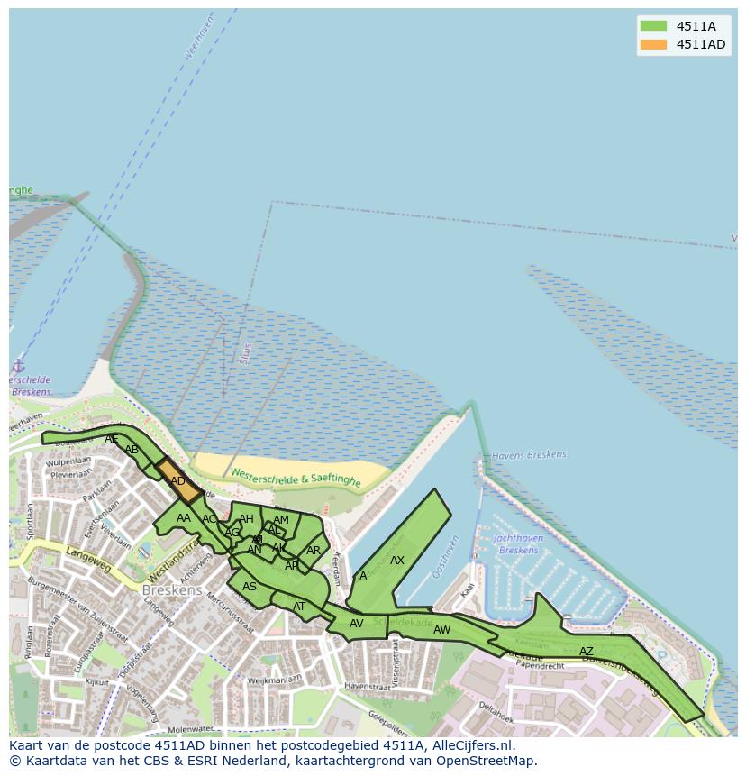 Afbeelding van het postcodegebied 4511 AD op de kaart.