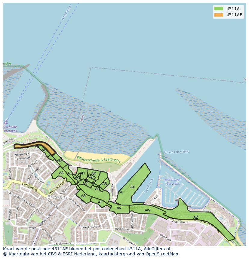 Afbeelding van het postcodegebied 4511 AE op de kaart.