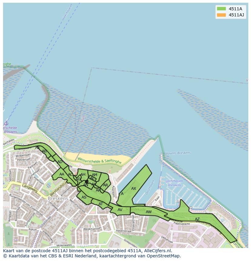 Afbeelding van het postcodegebied 4511 AJ op de kaart.