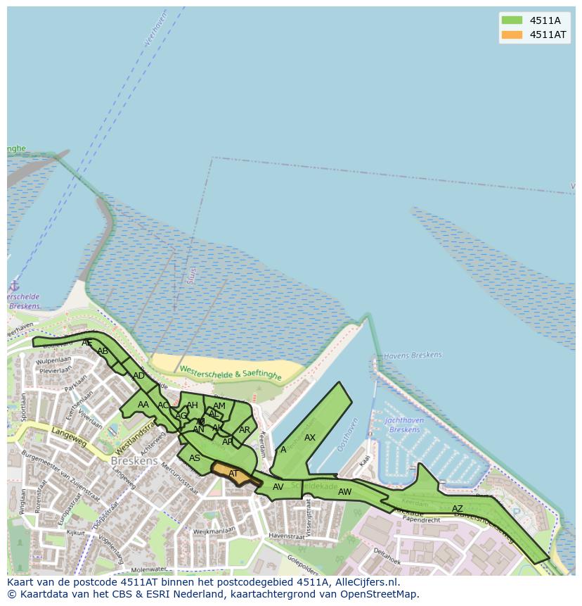 Afbeelding van het postcodegebied 4511 AT op de kaart.