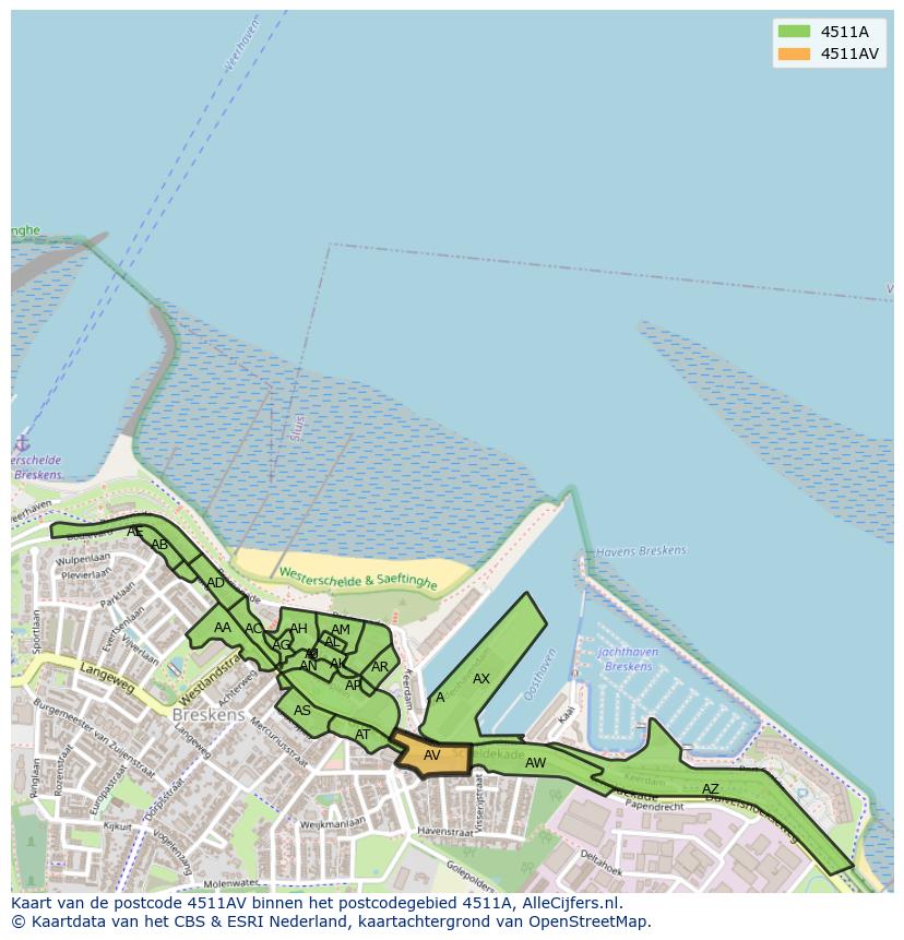 Afbeelding van het postcodegebied 4511 AV op de kaart.