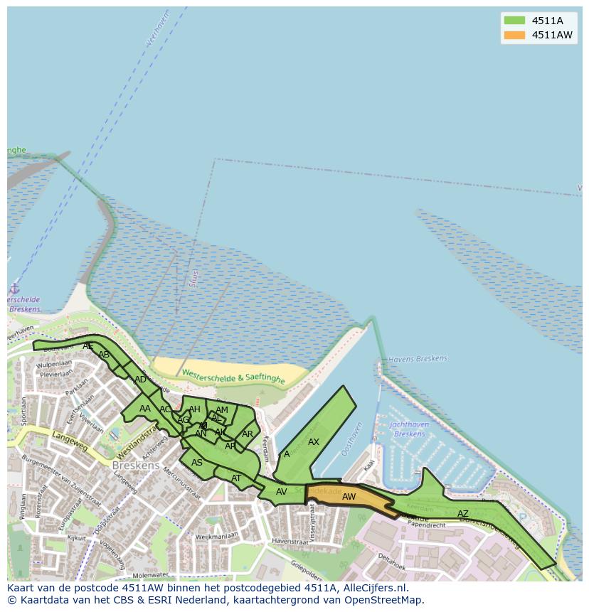 Afbeelding van het postcodegebied 4511 AW op de kaart.