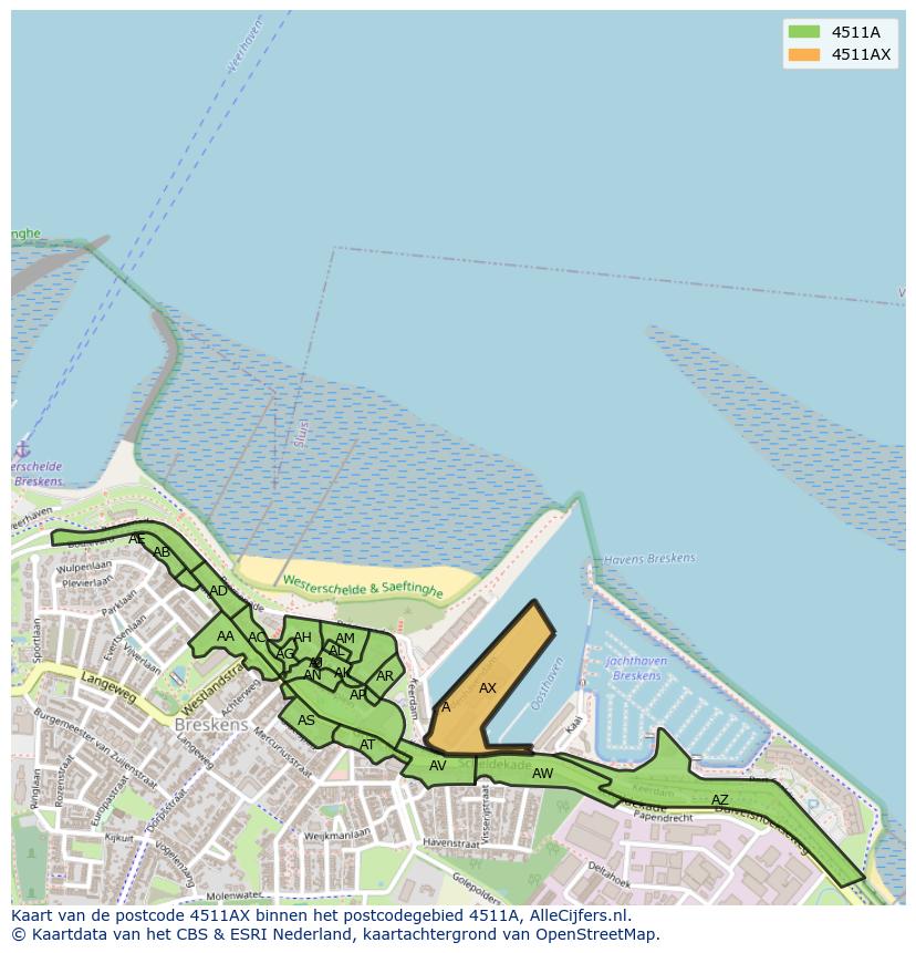Afbeelding van het postcodegebied 4511 AX op de kaart.