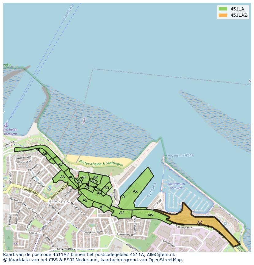 Afbeelding van het postcodegebied 4511 AZ op de kaart.