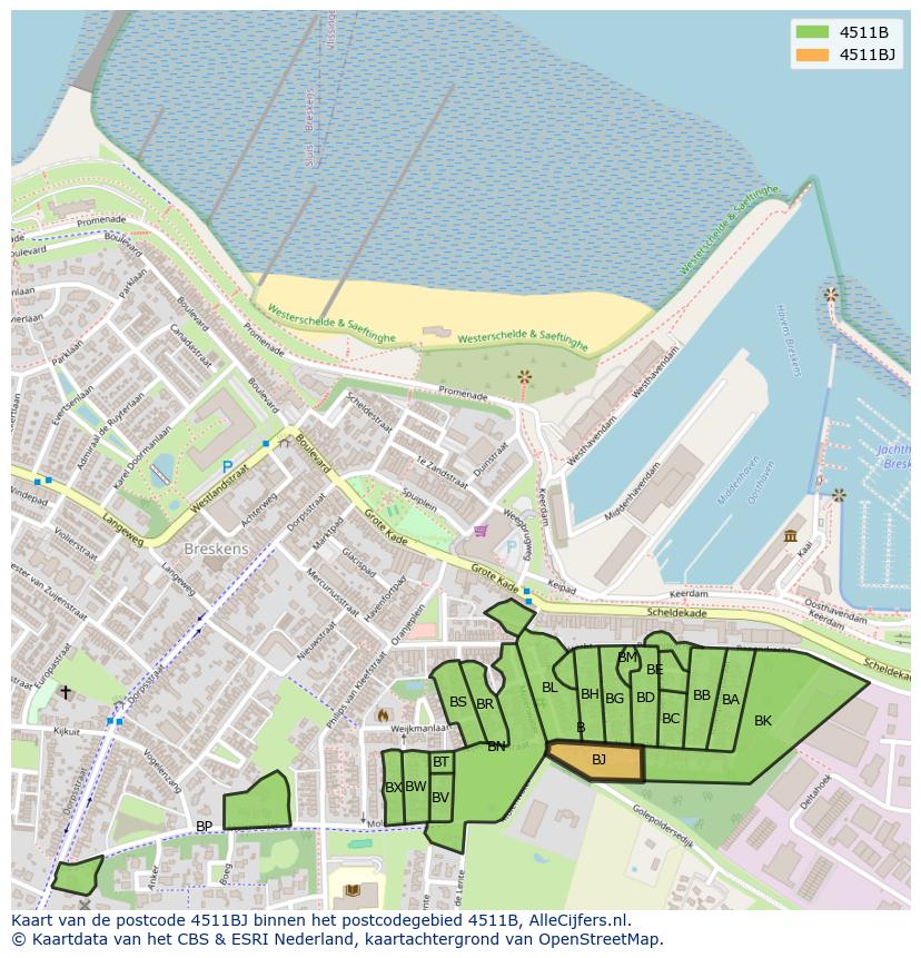 Afbeelding van het postcodegebied 4511 BJ op de kaart.