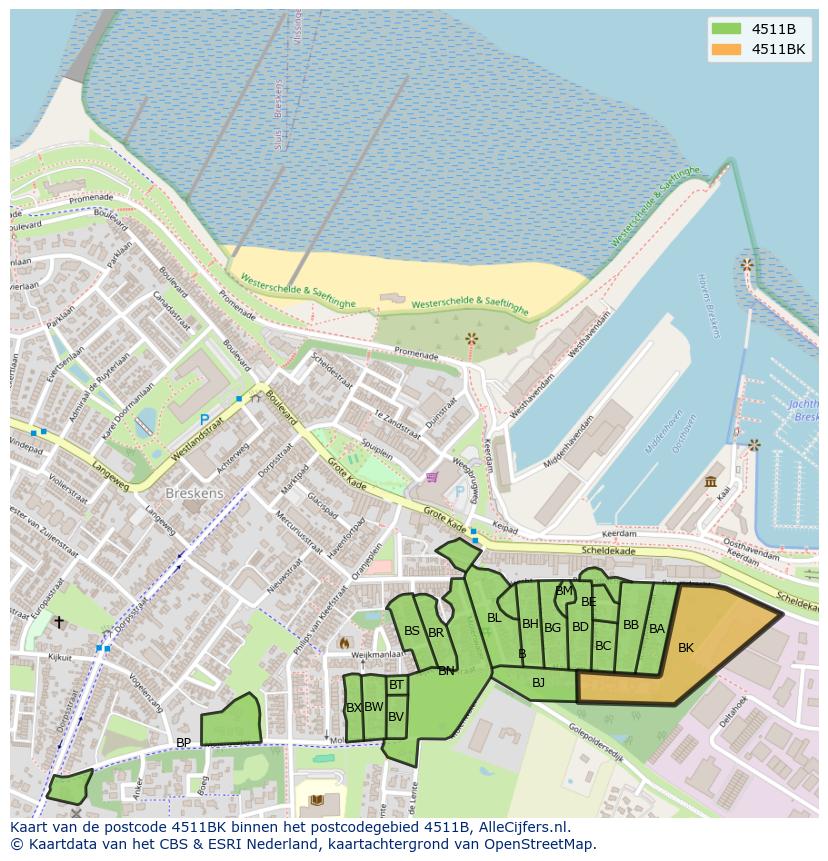 Afbeelding van het postcodegebied 4511 BK op de kaart.