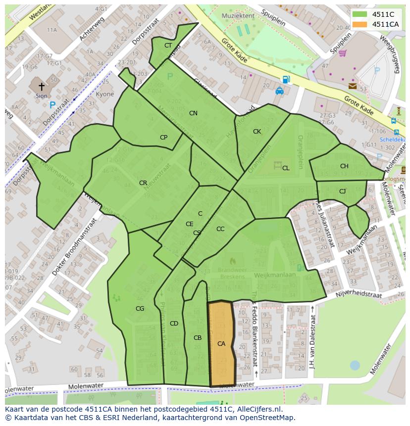 Afbeelding van het postcodegebied 4511 CA op de kaart.