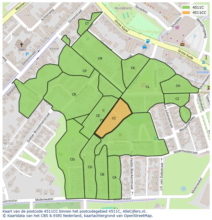 Afbeelding van het postcodegebied 4511 CC op de kaart.