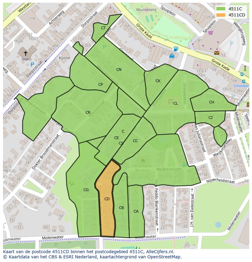 Afbeelding van het postcodegebied 4511 CD op de kaart.