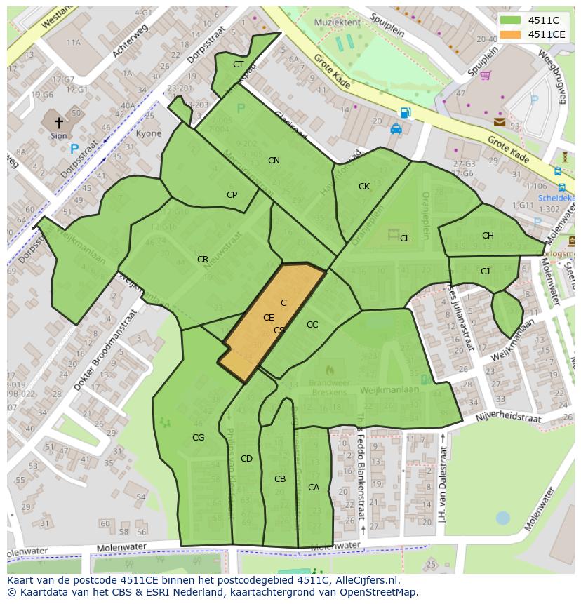 Afbeelding van het postcodegebied 4511 CE op de kaart.