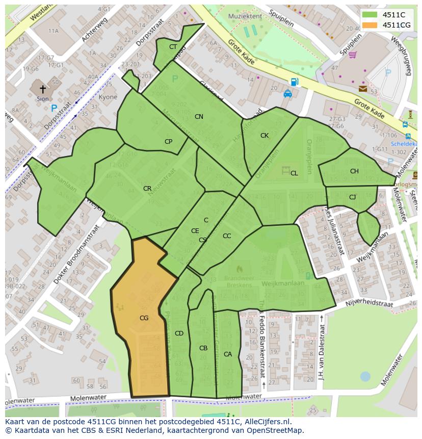 Afbeelding van het postcodegebied 4511 CG op de kaart.