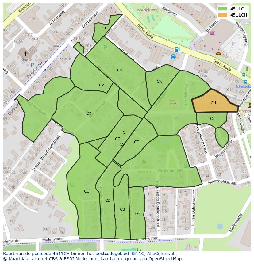 Afbeelding van het postcodegebied 4511 CH op de kaart.