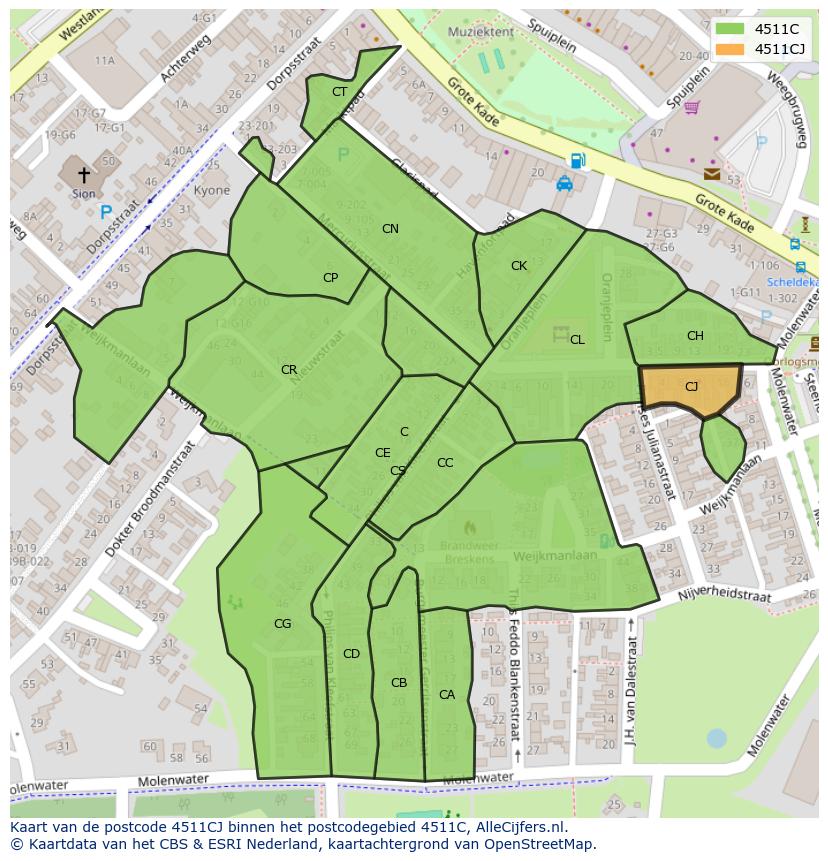Afbeelding van het postcodegebied 4511 CJ op de kaart.