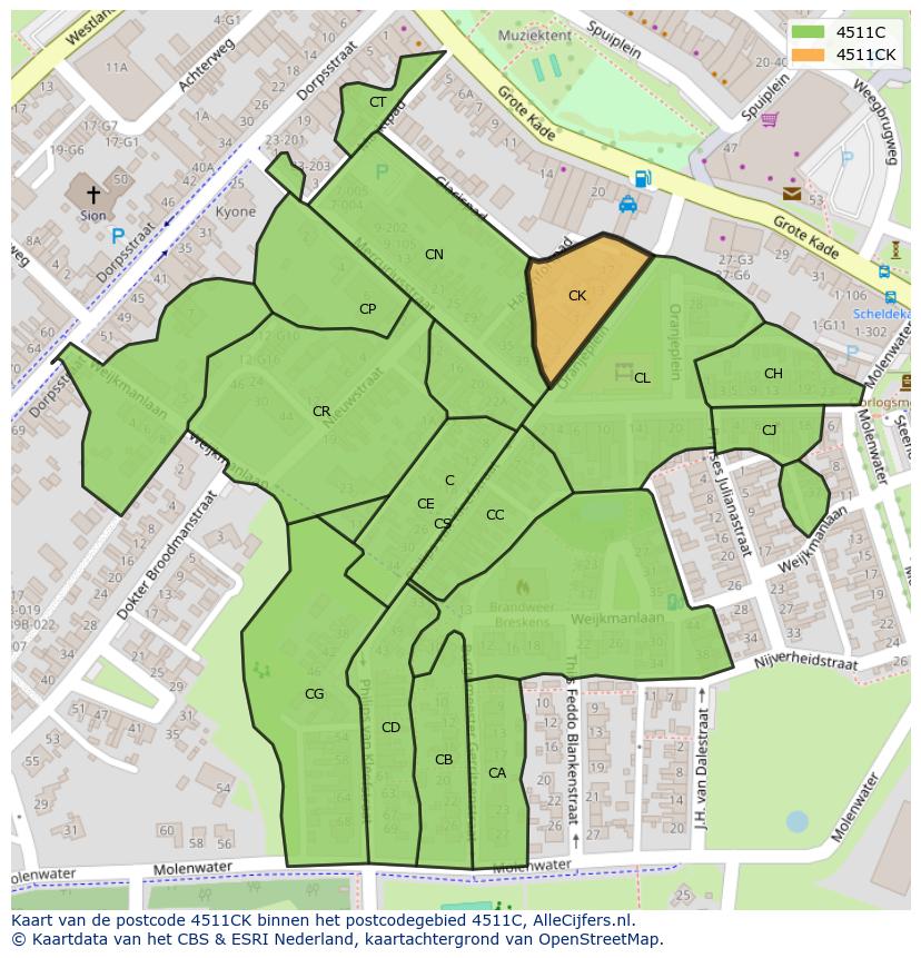 Afbeelding van het postcodegebied 4511 CK op de kaart.