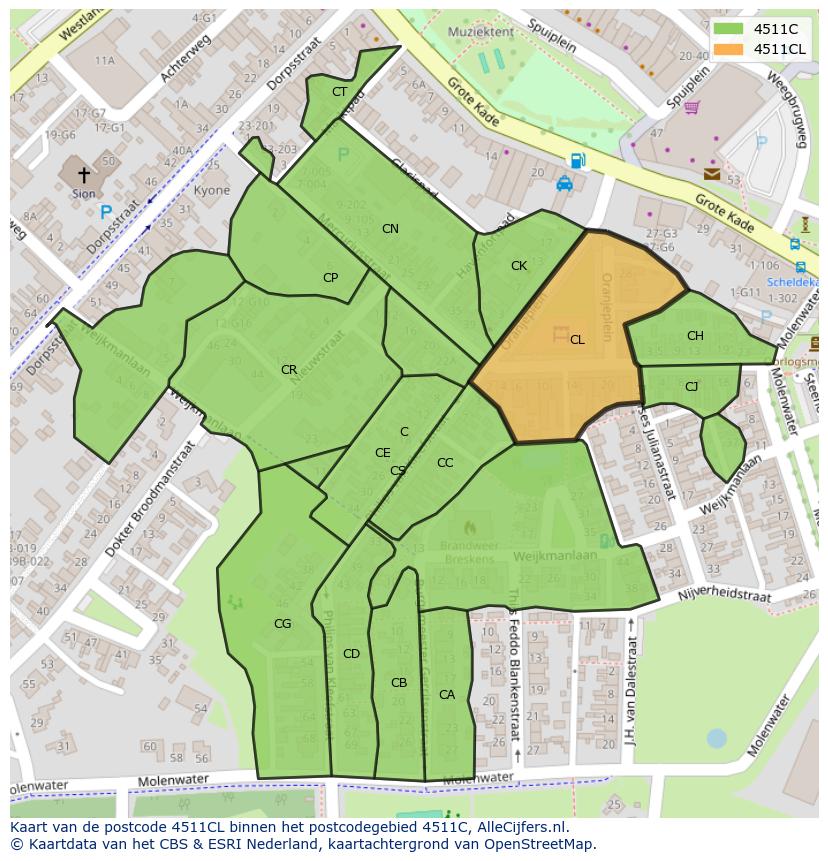 Afbeelding van het postcodegebied 4511 CL op de kaart.