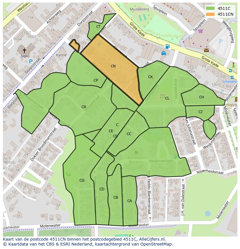 Afbeelding van het postcodegebied 4511 CN op de kaart.