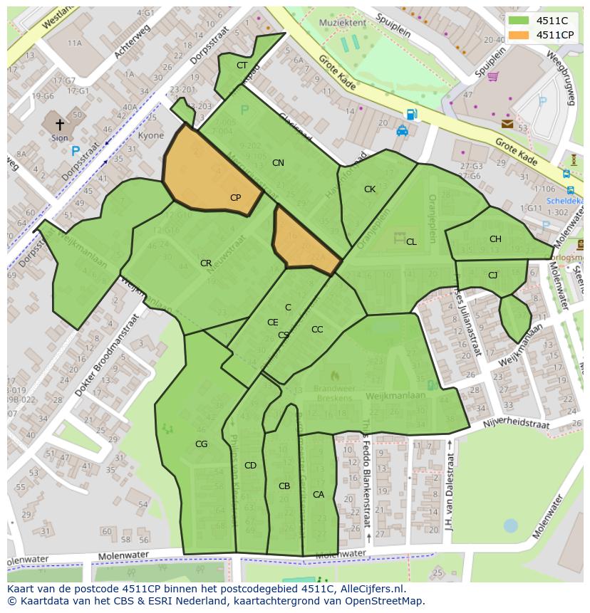 Afbeelding van het postcodegebied 4511 CP op de kaart.