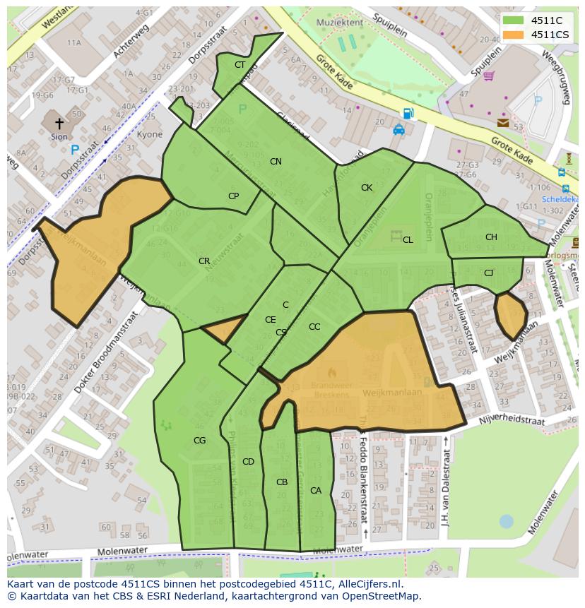 Afbeelding van het postcodegebied 4511 CS op de kaart.