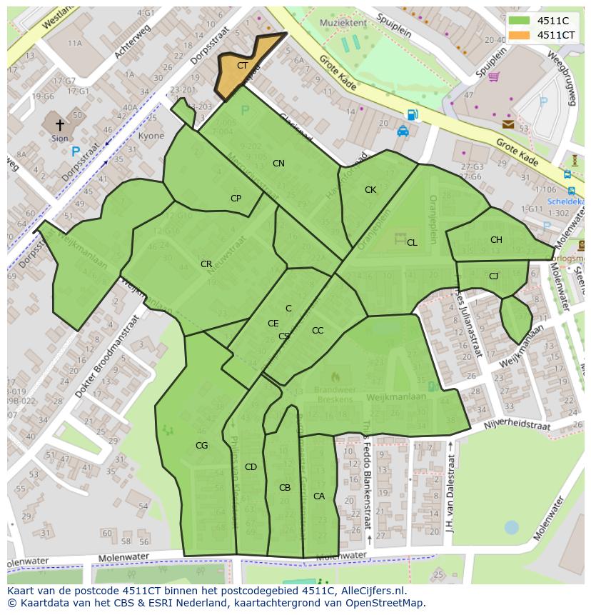 Afbeelding van het postcodegebied 4511 CT op de kaart.