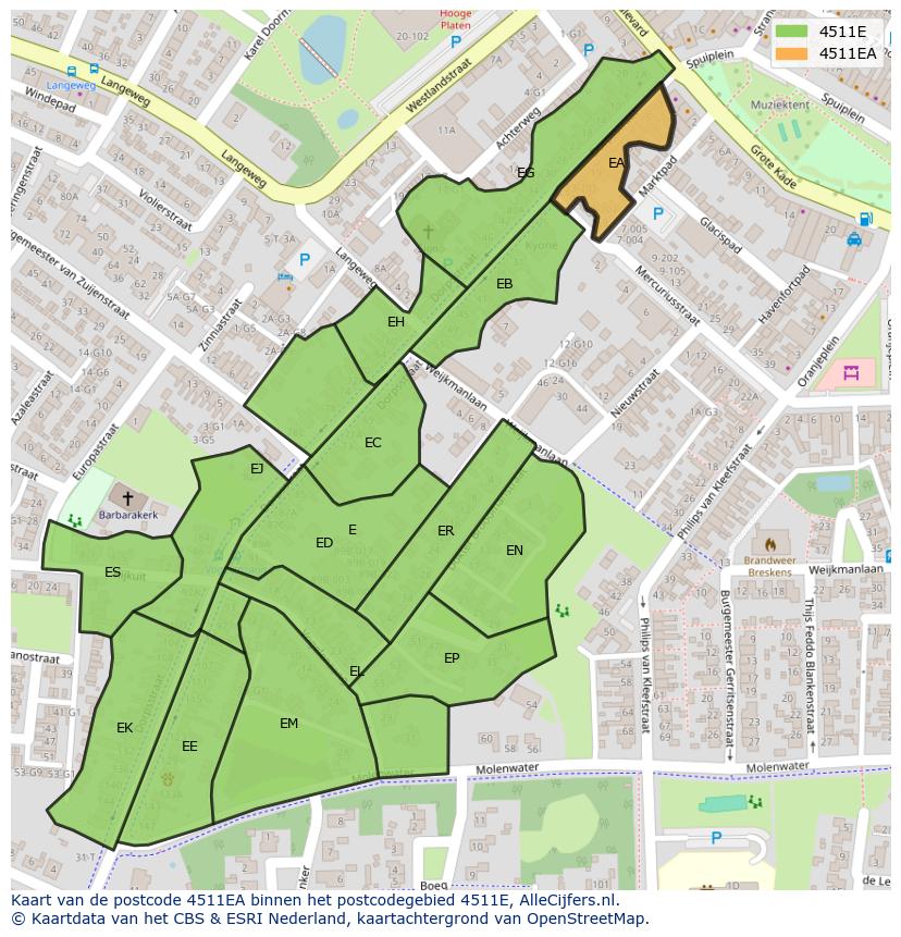 Afbeelding van het postcodegebied 4511 EA op de kaart.