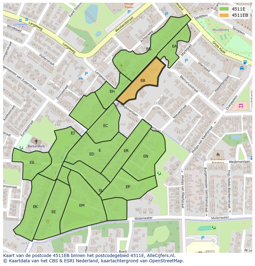 Afbeelding van het postcodegebied 4511 EB op de kaart.