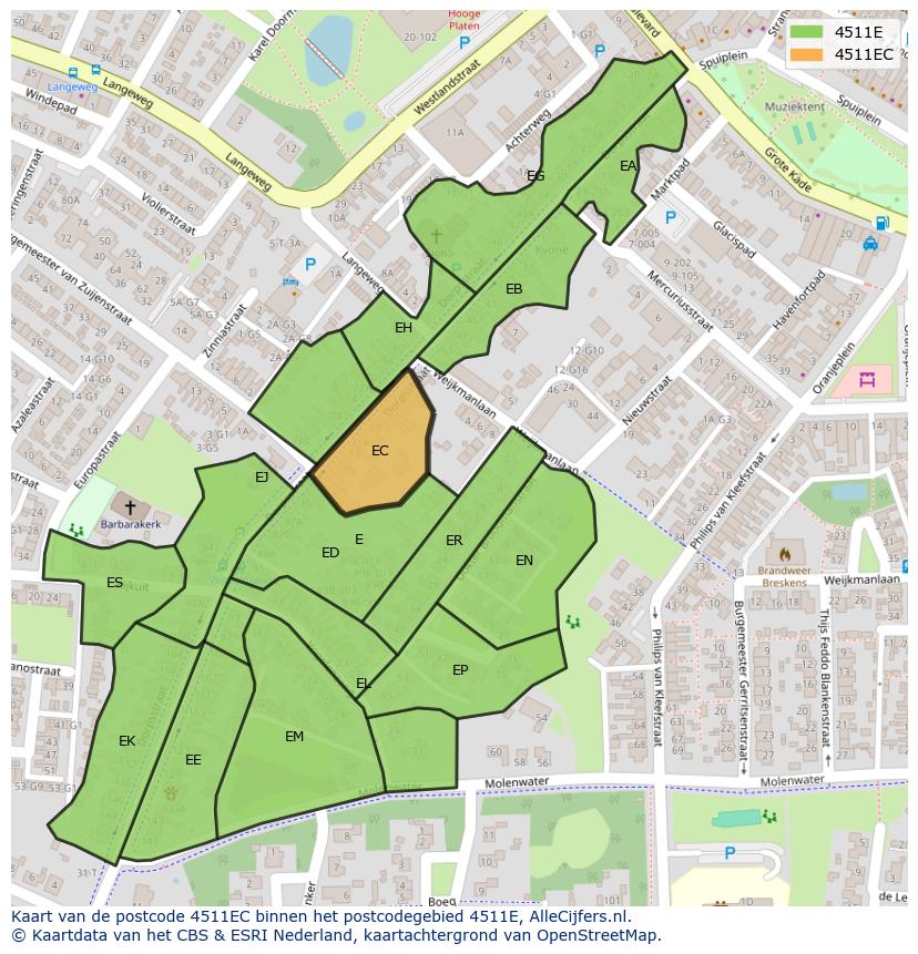 Afbeelding van het postcodegebied 4511 EC op de kaart.