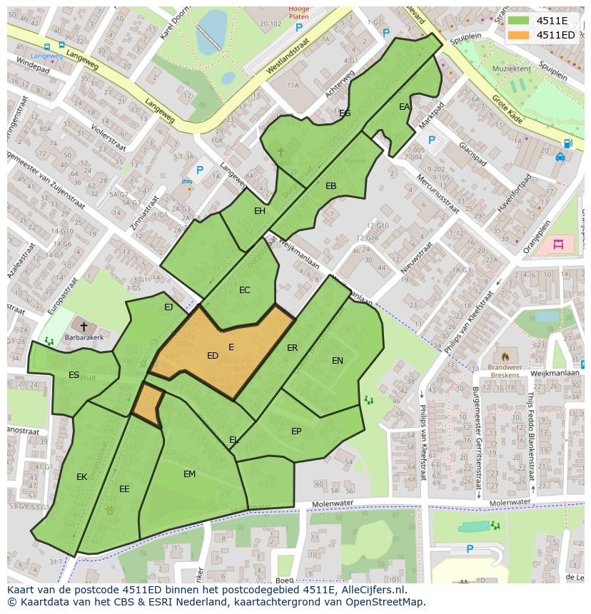 Afbeelding van het postcodegebied 4511 ED op de kaart.