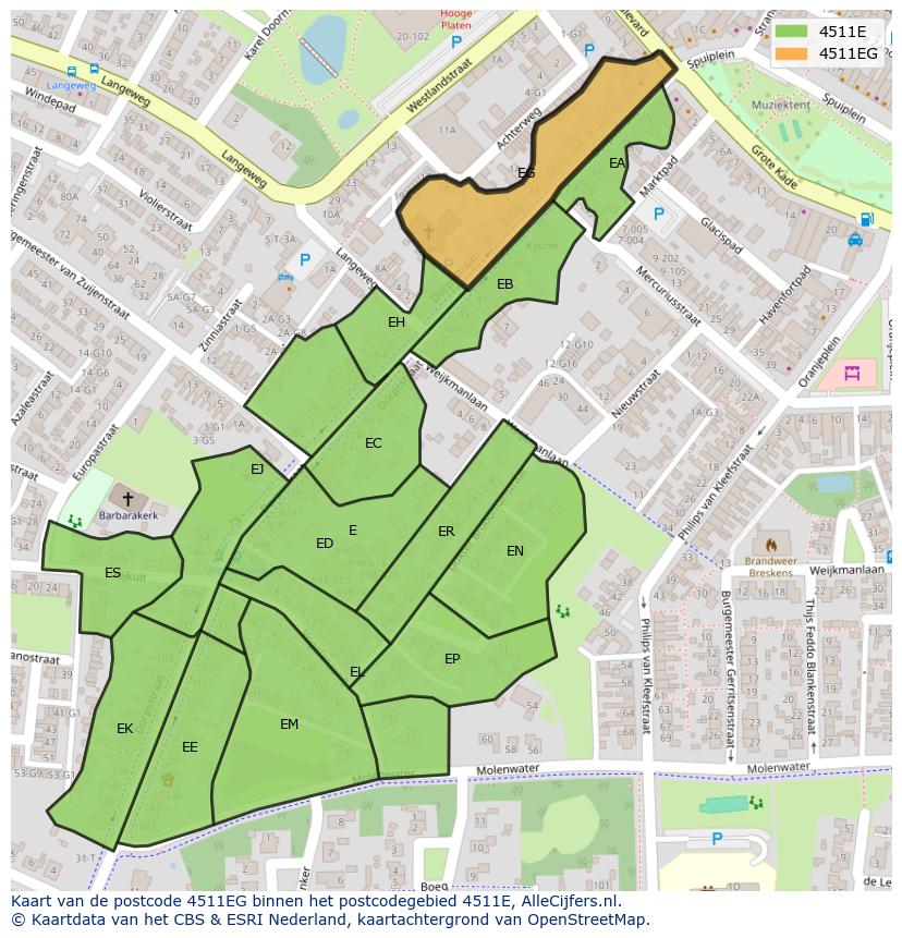 Afbeelding van het postcodegebied 4511 EG op de kaart.