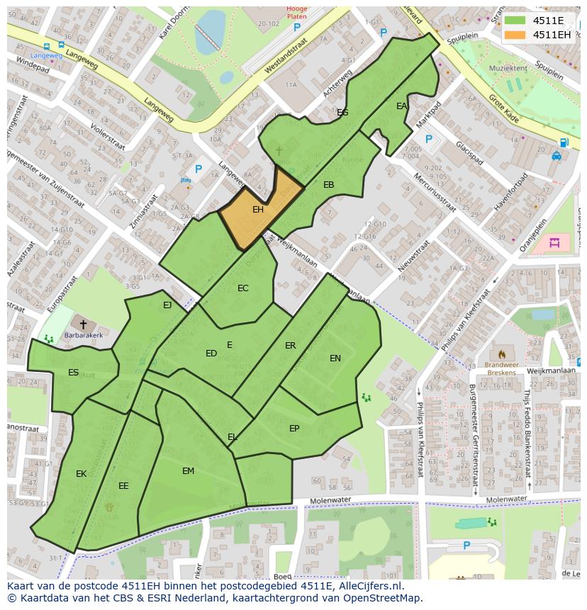 Afbeelding van het postcodegebied 4511 EH op de kaart.