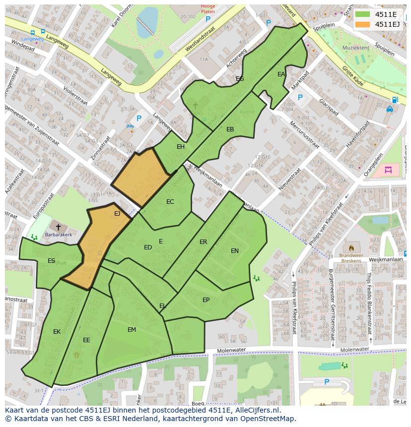 Afbeelding van het postcodegebied 4511 EJ op de kaart.