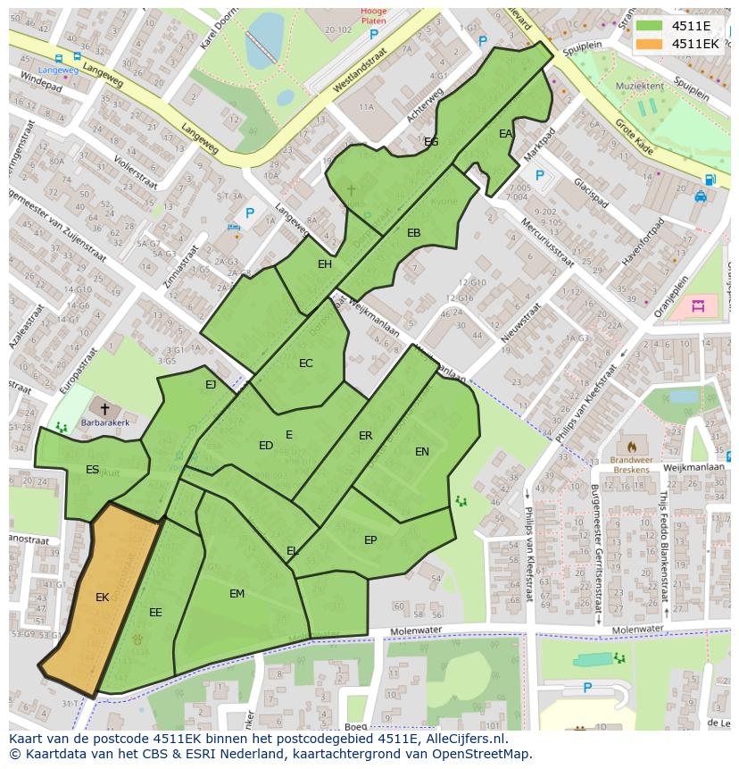Afbeelding van het postcodegebied 4511 EK op de kaart.