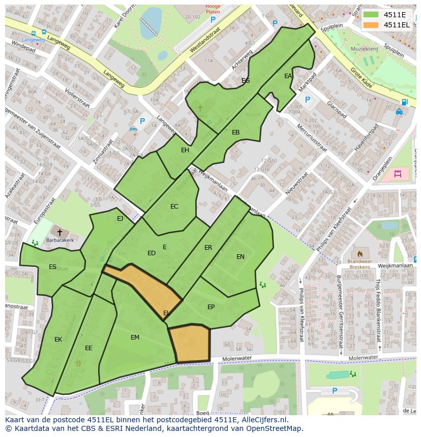 Afbeelding van het postcodegebied 4511 EL op de kaart.