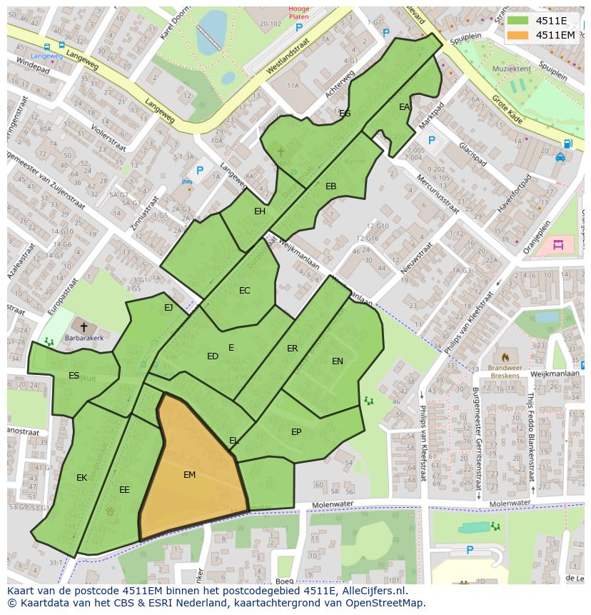 Afbeelding van het postcodegebied 4511 EM op de kaart.